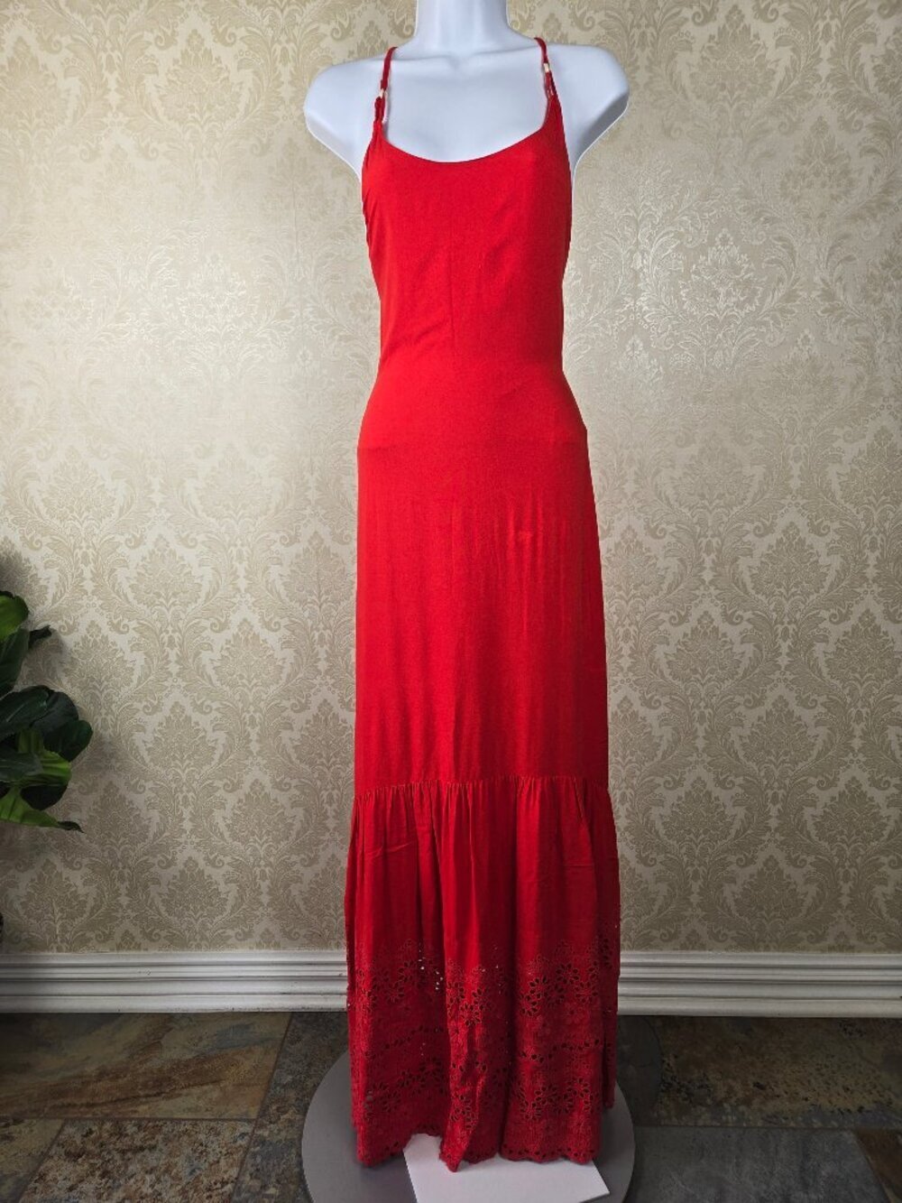 Winston White Size XS Red Strappy Maxi Dress Eyelet Skirt Keyhole Tie Back EUC